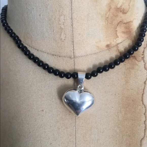 Vintage Black Beaded Necklace with Silver Heart Pendant - Picture 1 of 6